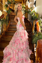 Pink Romantic Pink Floral Strapless Tie Ruffled Mermaid Gown