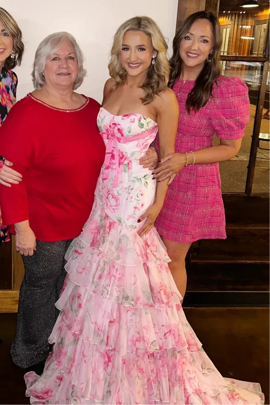 Pink Romantic Pink Floral Strapless Tie Ruffled Mermaid Gown