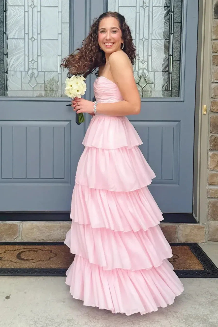 Pink Romantic Pink Strapless Tie Ruffled Prom Gown