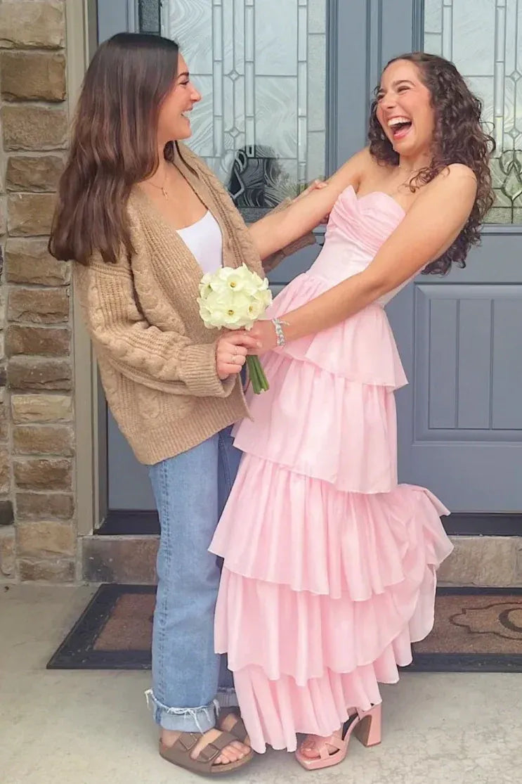 Pink Romantic Pink Strapless Tie Ruffled Prom Gown
