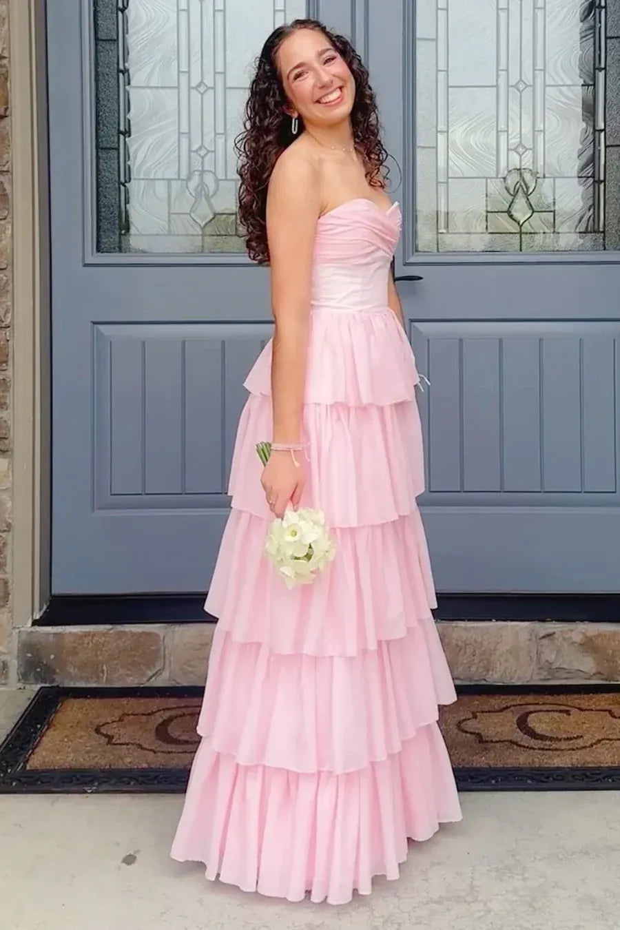 Pink Romantic Pink Strapless Tie Ruffled Prom Gown