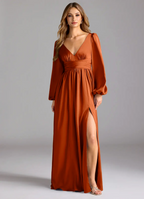 Romantic Satin Empire V-Neck Long Puffed Sleeves Open Back Slit Floor-Length Bridesmaid Dress for Wedding Occasions