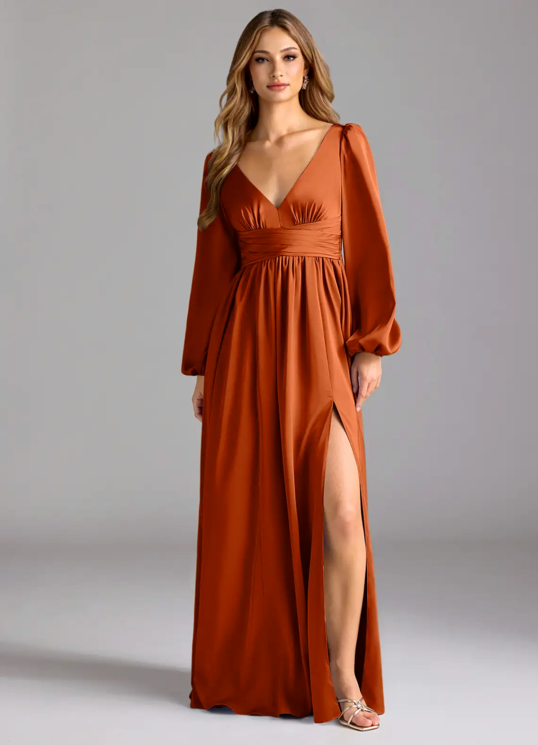 Romantic Satin Empire V-Neck Long Puffed Sleeves Open Back Slit Floor-Length Bridesmaid Dress for Wedding Occasions