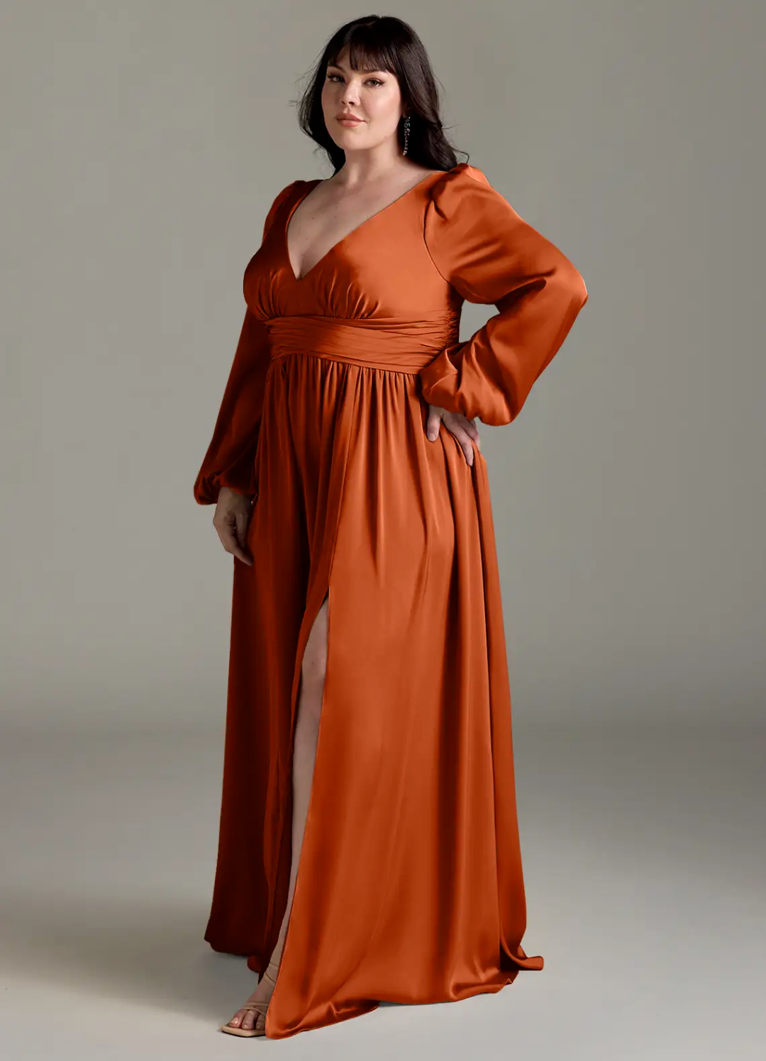 Romantic Satin Empire V-Neck Long Puffed Sleeves Open Back Slit Floor-Length Bridesmaid Dress for Wedding Occasions