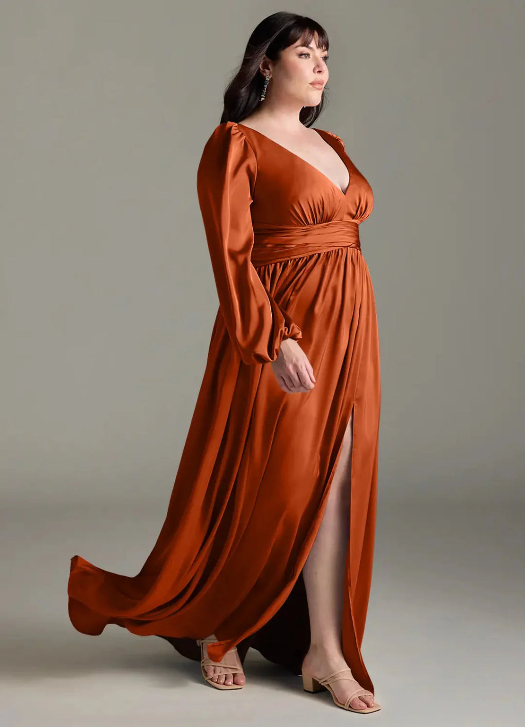 Romantic Satin Empire V-Neck Long Puffed Sleeves Open Back Slit Floor-Length Bridesmaid Dress for Wedding Occasions