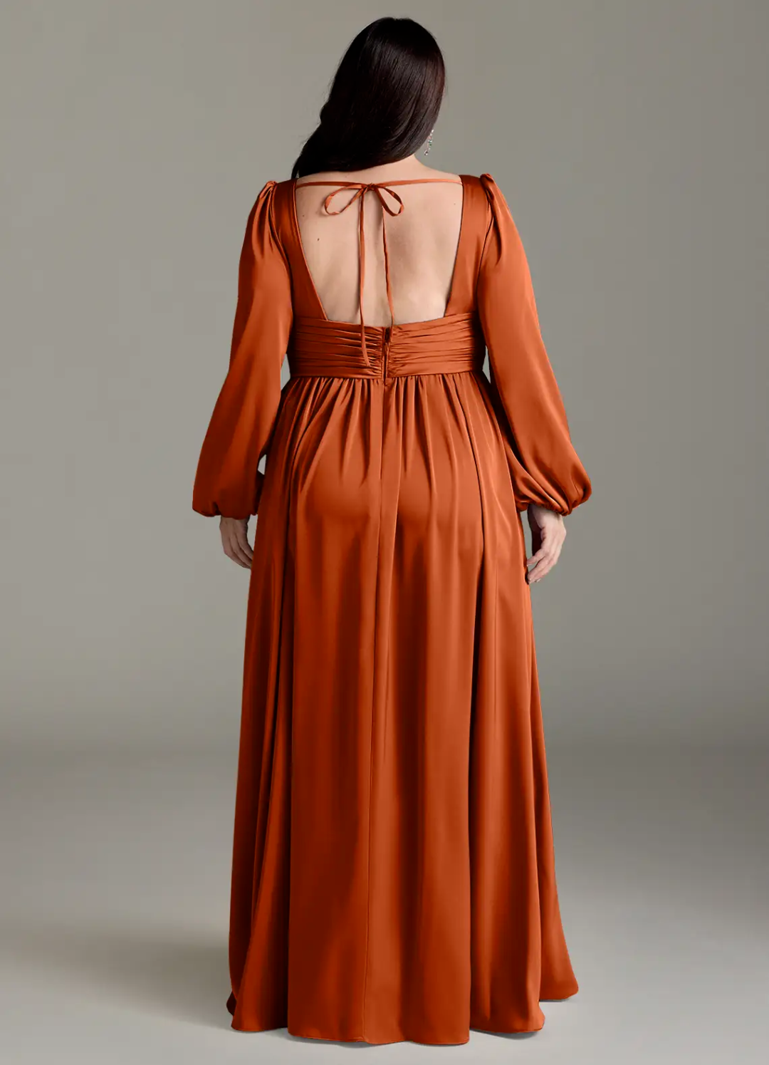 Romantic Satin Empire V-Neck Long Puffed Sleeves Open Back Slit Floor-Length Bridesmaid Dress for Wedding Occasions