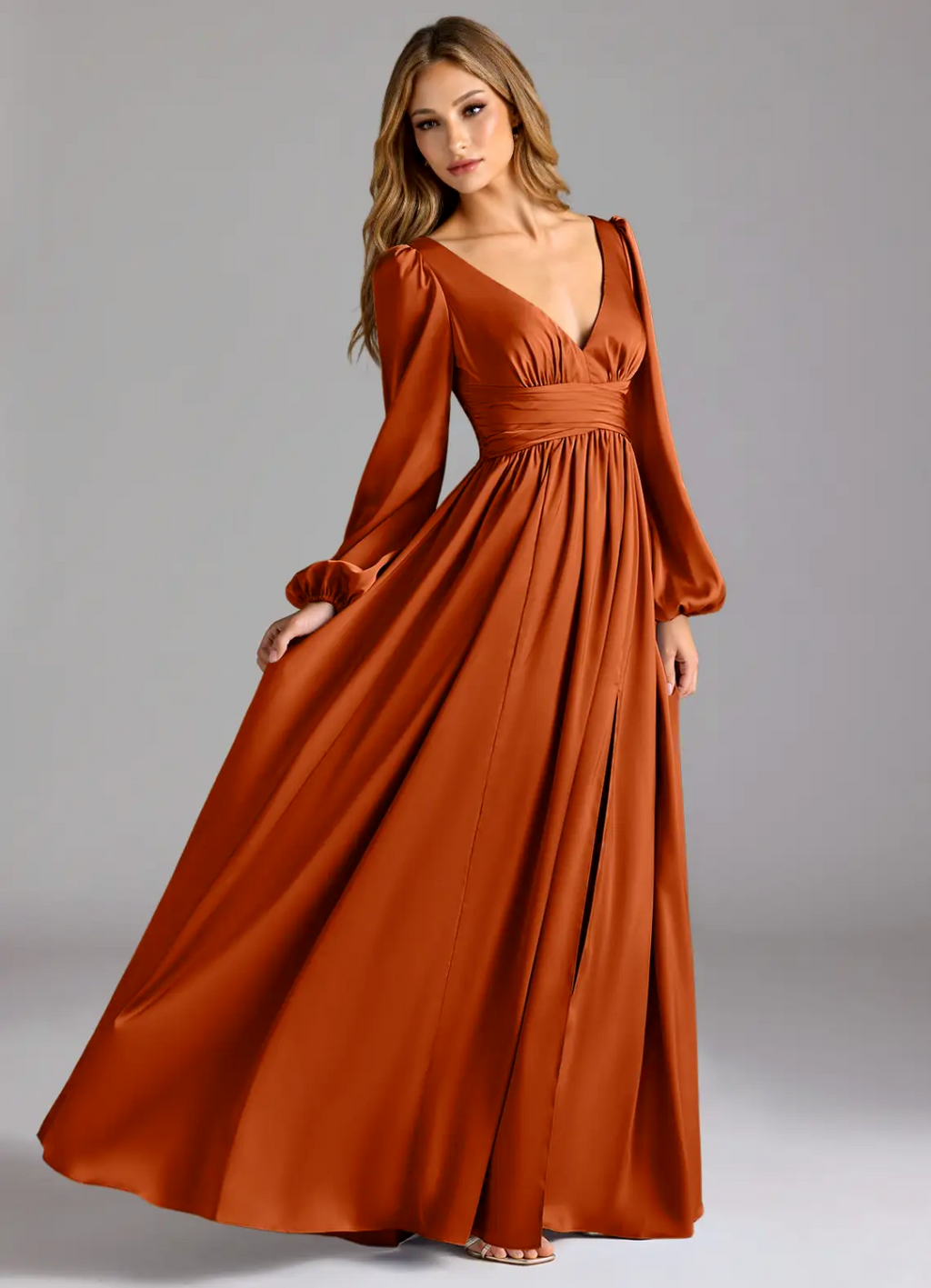 Romantic Satin Empire V-Neck Long Puffed Sleeves Open Back Slit Floor-Length Bridesmaid Dress for Wedding Occasions