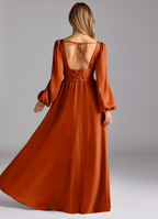 Romantic Satin Empire V-Neck Long Puffed Sleeves Open Back Slit Floor-Length Bridesmaid Dress for Wedding Occasions