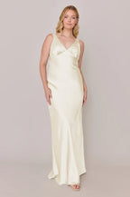 Romantic Satin V-neck Ruched Bust Cowl Back Floor-length Champagne Bridesmaid Dress