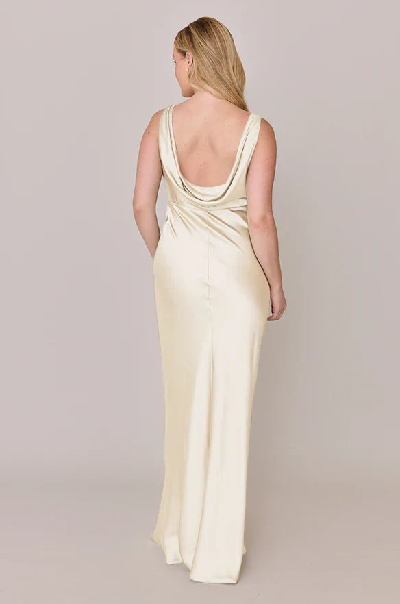 Romantic Satin V-neck Ruched Bust Cowl Back Floor-length Champagne Bridesmaid Dress