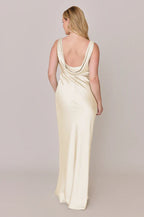 Romantic Satin V-neck Ruched Bust Cowl Back Floor-length Champagne Bridesmaid Dress