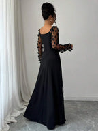 Romantic Sheath Sweetheart Neck Long-Sleeve Floral Black Maxi Evening Dress for Women Ready to Ship