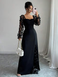 Romantic Sheath Sweetheart Neck Long-Sleeve Floral Black Maxi Evening Dress for Women Ready to Ship