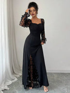 Romantic Sheath Sweetheart Neck Long-Sleeve Floral Black Maxi Evening Dress for Women Ready to Ship