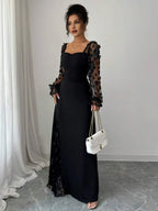 Romantic Sheath Sweetheart Neck Long-Sleeve Floral Black Maxi Evening Dress for Women Ready to Ship