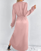 Romantic Sheath V-Neck Long Sleeve Ruched Blush Pink Midi Evening Dress for Women Ready to Ship