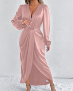 Romantic Sheath V-Neck Long Sleeve Ruched Blush Pink Midi Evening Dress for Women Ready to Ship