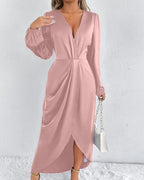 Romantic Sheath V-Neck Long Sleeve Ruched Blush Pink Midi Evening Dress for Women Ready to Ship