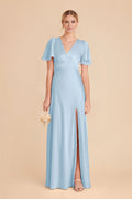Romantic Sky Blue Satin V-Neck Flutter-Sleeve Maxi Bridesmaid Dress with High Side Slit