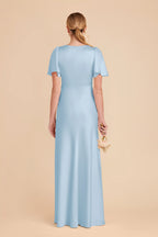 Romantic Sky Blue Satin V-Neck Flutter-Sleeve Maxi Bridesmaid Dress with High Side Slit