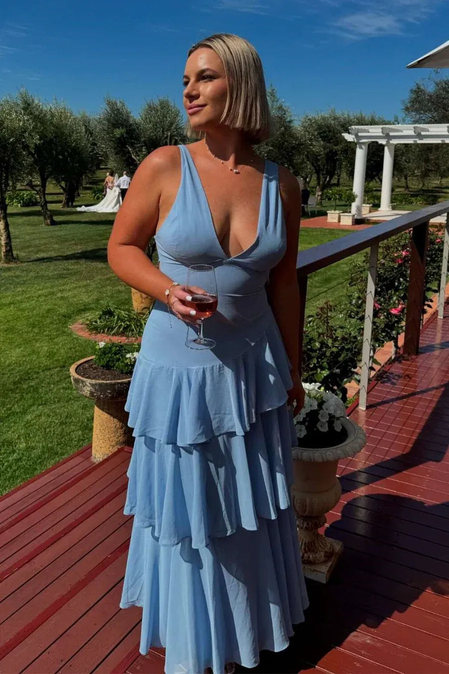 Sky Blue Romantic Sky V-Neck Tiered Ruffled Maxi Gown Prom Dress