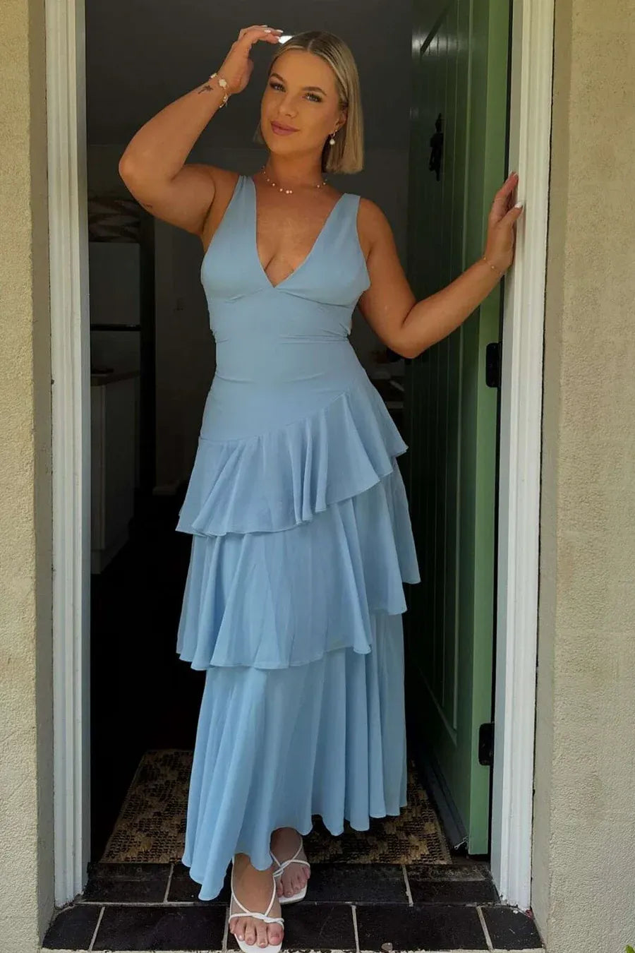 Sky Blue Romantic Sky V-Neck Tiered Ruffled Maxi Gown Prom Dress