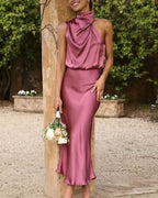 Romantic Slip Halter Neck Sleeveless Draped Dusty Rose Midi Prom Dress for Women Ready to Ship