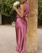 Romantic Slip Halter Neck Sleeveless Draped Dusty Rose Midi Prom Dress for Women Ready to Ship