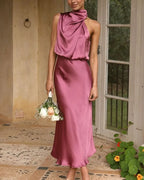 Romantic Slip Halter Neck Sleeveless Draped Dusty Rose Midi Prom Dress for Women Ready to Ship