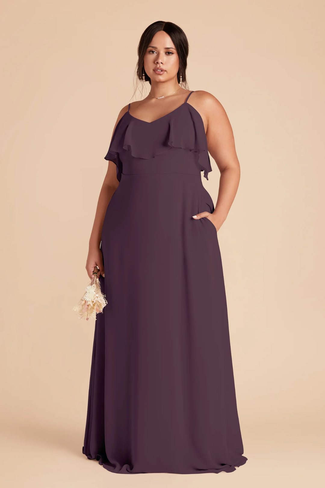 Romantic Spaghetti Strap Chiffon V-Neck Ruffle Layered Side Pocket Floor-Length Bridesmaid Dress