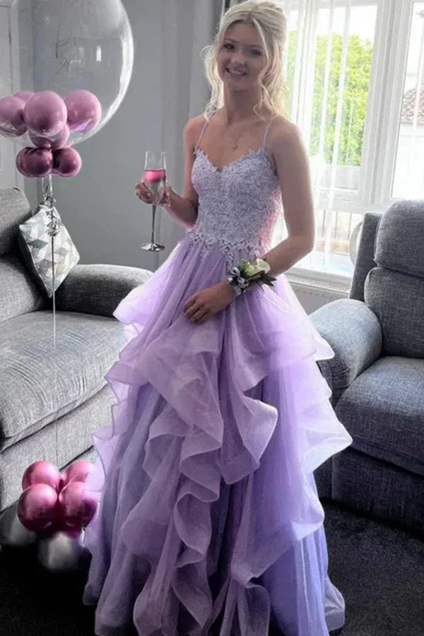 Romantic Spaghetti Strap V-Neck Ruffle Prom Gown