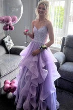 Romantic Spaghetti Strap V-Neck Ruffle Prom Gown