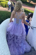 Romantic Spaghetti Strap V-Neck Ruffle Prom Gown