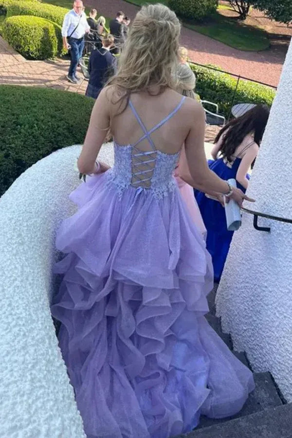 Romantic Spaghetti Strap V-Neck Ruffle Prom Gown