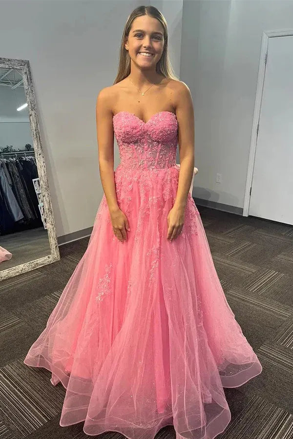 Romantic Strapless Beaded Appliques Ball Gown Prom Dress