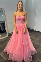 Romantic Strapless Beaded Appliques Ball Gown Prom Dress