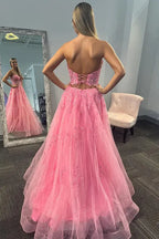 Romantic Strapless Beaded Appliques Ball Gown Prom Dress