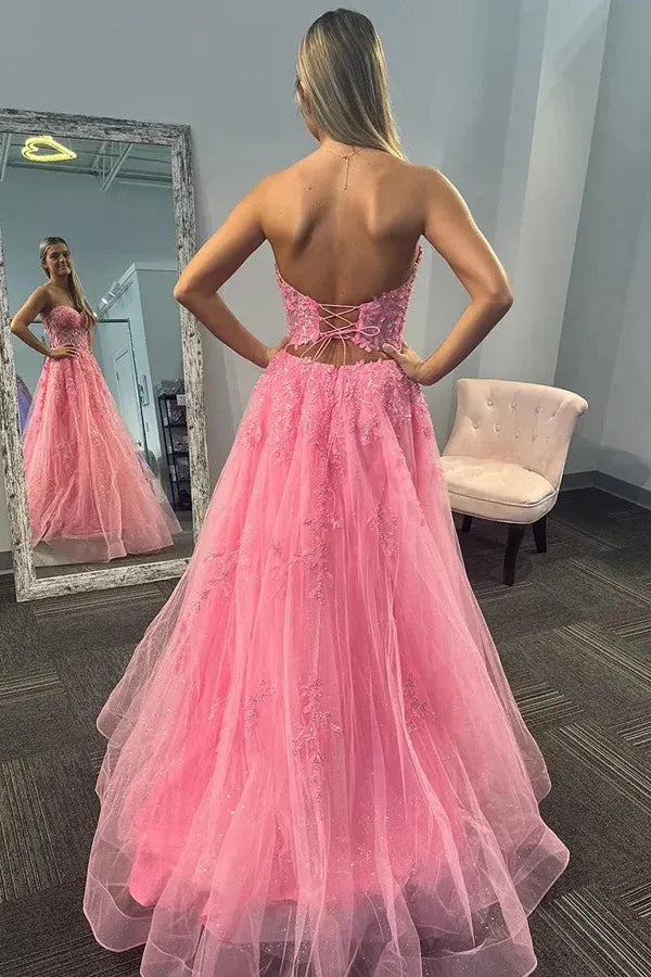 Romantic Strapless Beaded Appliques Ball Gown Prom Dress