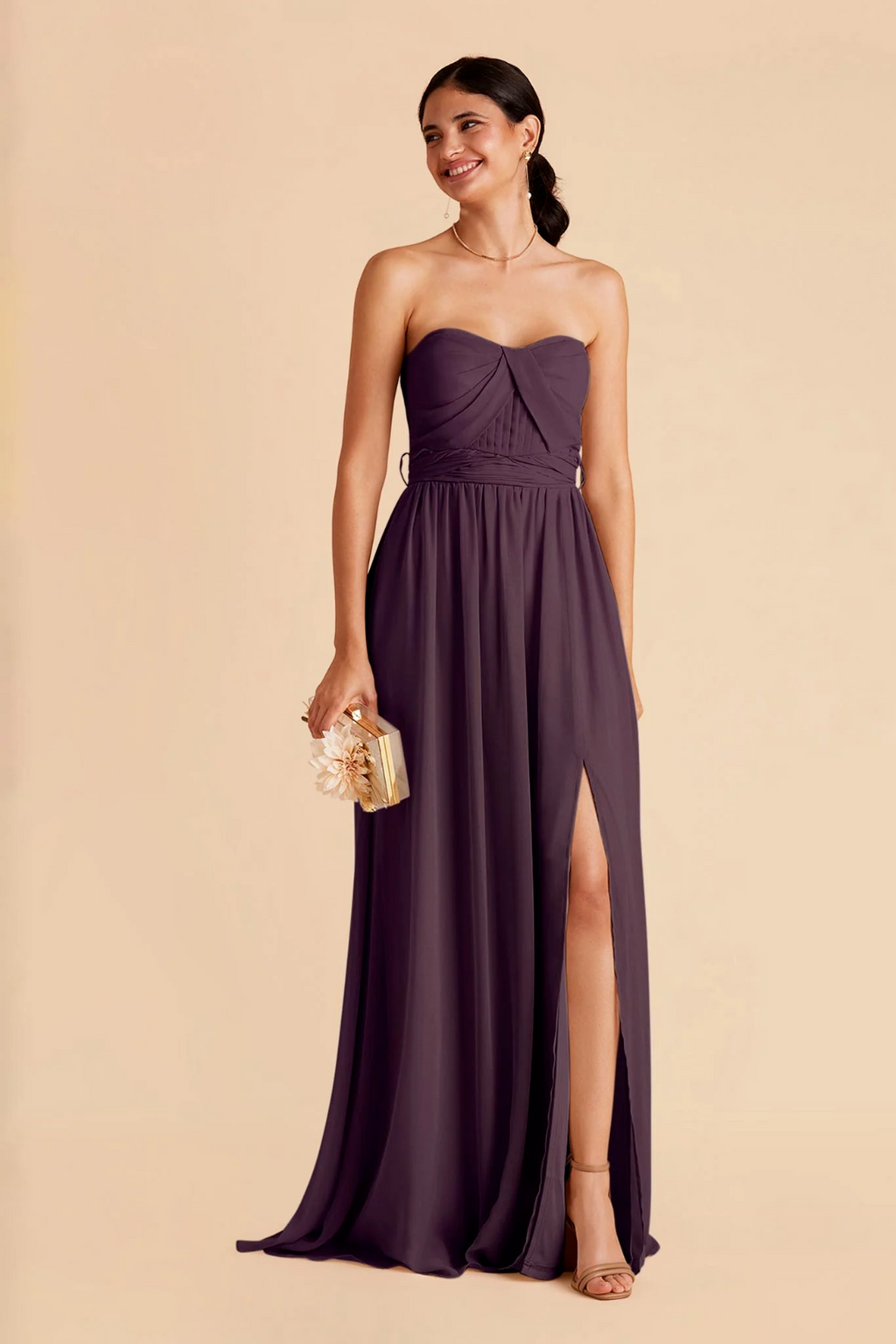 Romantic Strapless Chiffon Sweetheart Neck Ruched Waist High Slit Side Pocket Floor-Length Bridesmaid Dress