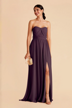 Romantic Strapless Chiffon Sweetheart Neck Ruched Waist High Slit Side Pocket Floor-Length Bridesmaid Dress