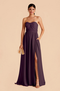 Romantic Strapless Chiffon Sweetheart Neck Ruched Waist High Slit Side Pocket Floor-Length Bridesmaid Dress