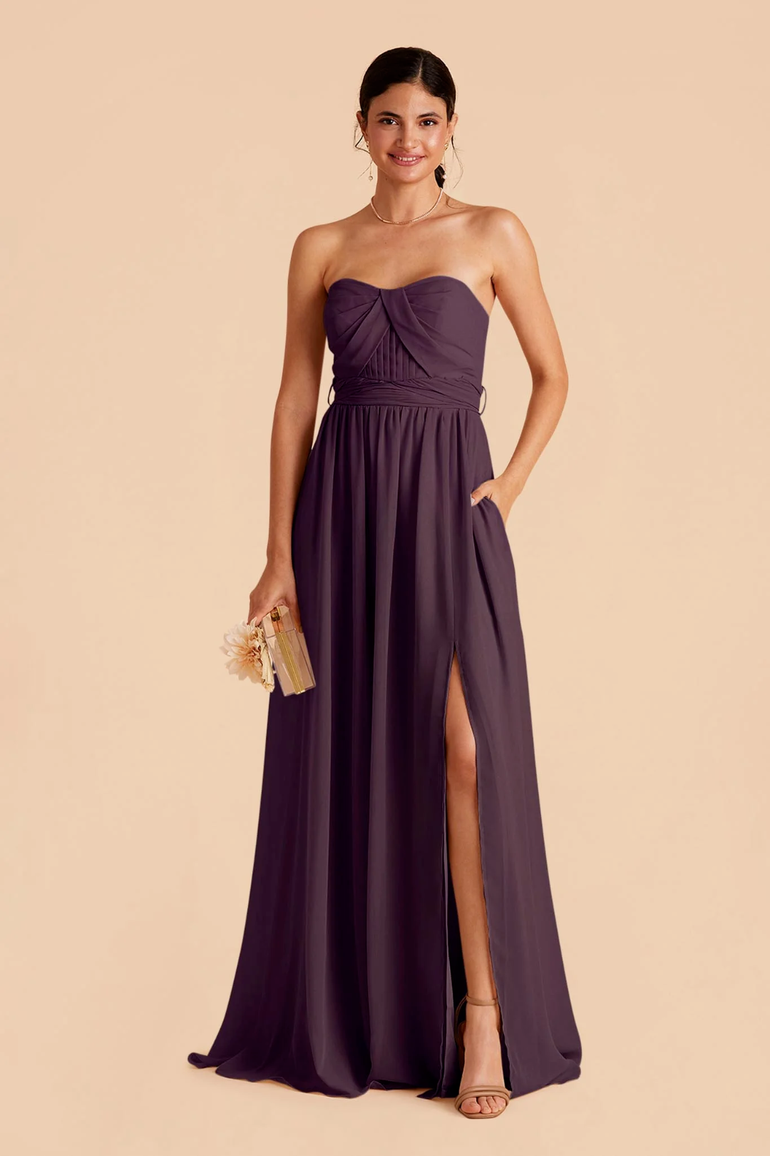 Romantic Strapless Chiffon Sweetheart Neck Ruched Waist High Slit Side Pocket Floor-Length Bridesmaid Dress