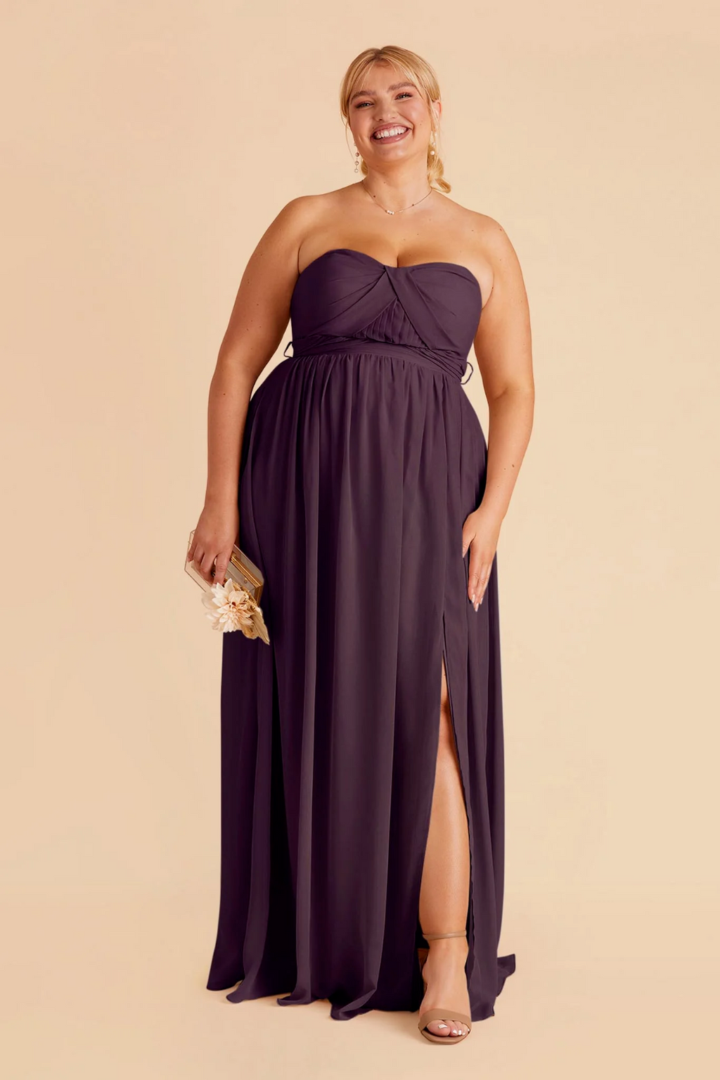 Romantic Strapless Chiffon Sweetheart Neck Ruched Waist High Slit Side Pocket Floor-Length Bridesmaid Dress