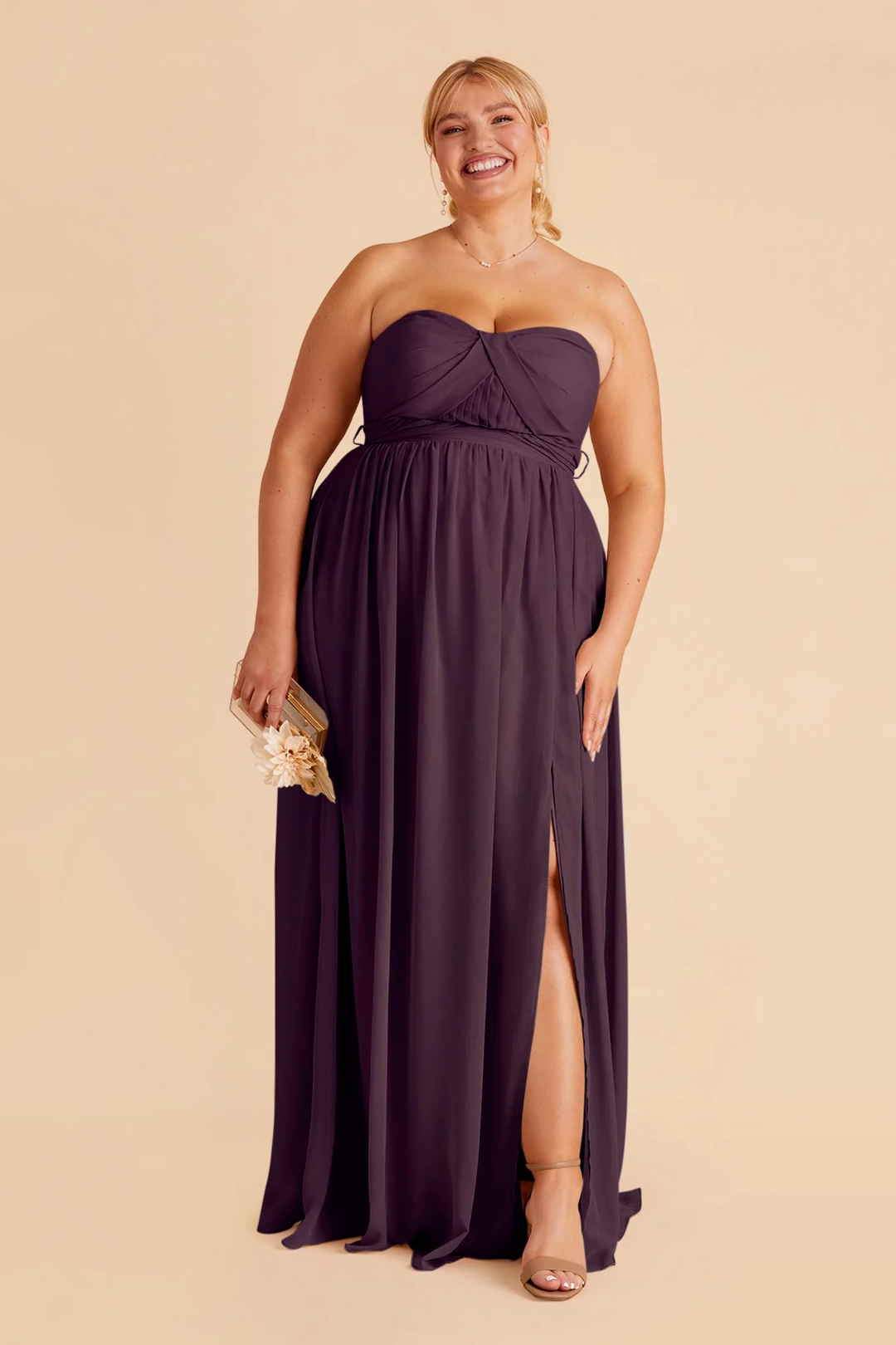 Romantic Strapless Chiffon Sweetheart Neck Ruched Waist High Slit Side Pocket Floor-Length Bridesmaid Dress