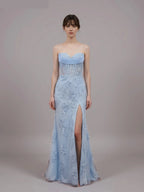 Romantic Strapless Appliques Slit Mermaid Evening Gown
