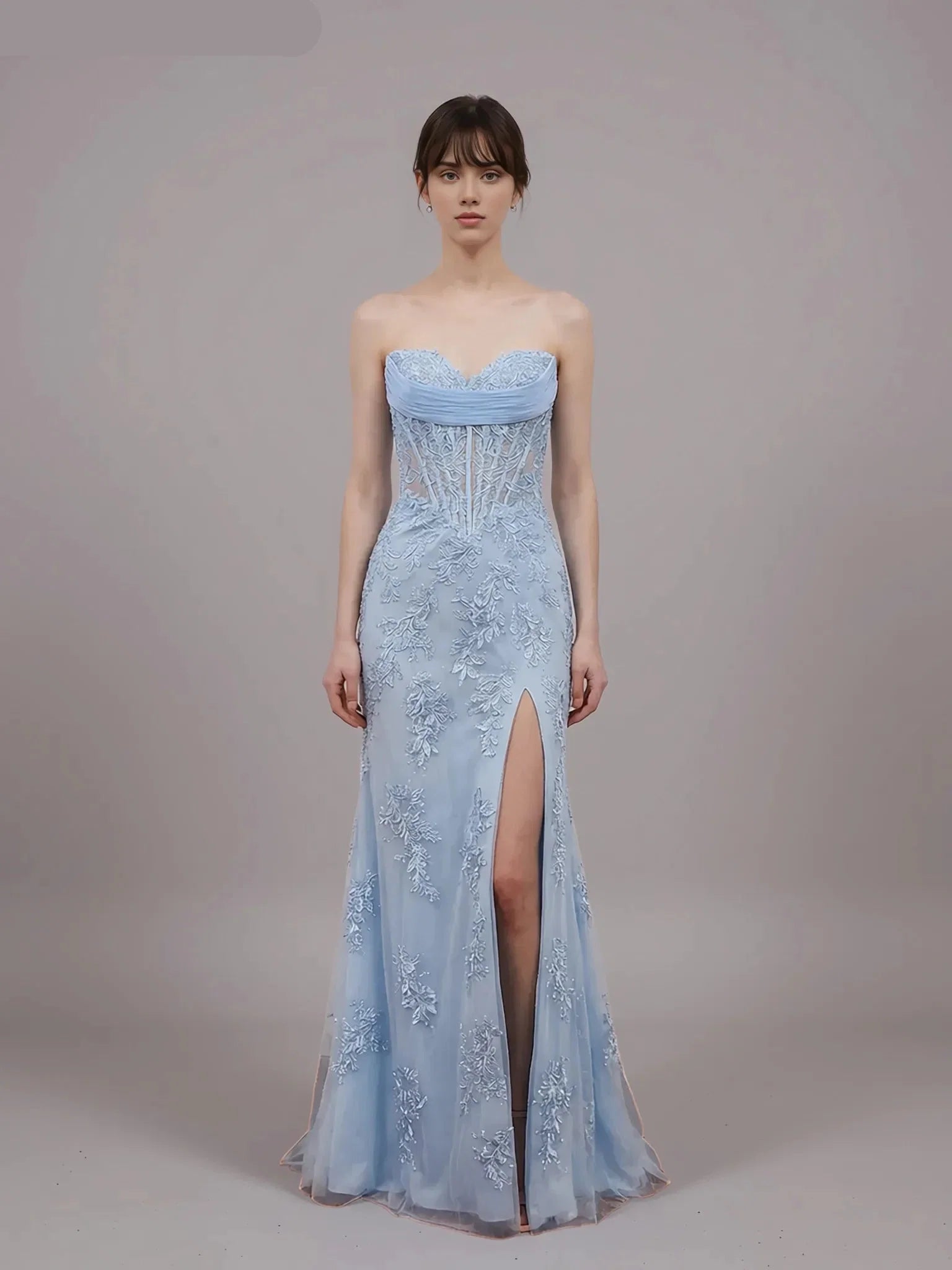 Romantic Strapless Appliques Slit Mermaid Evening Gown