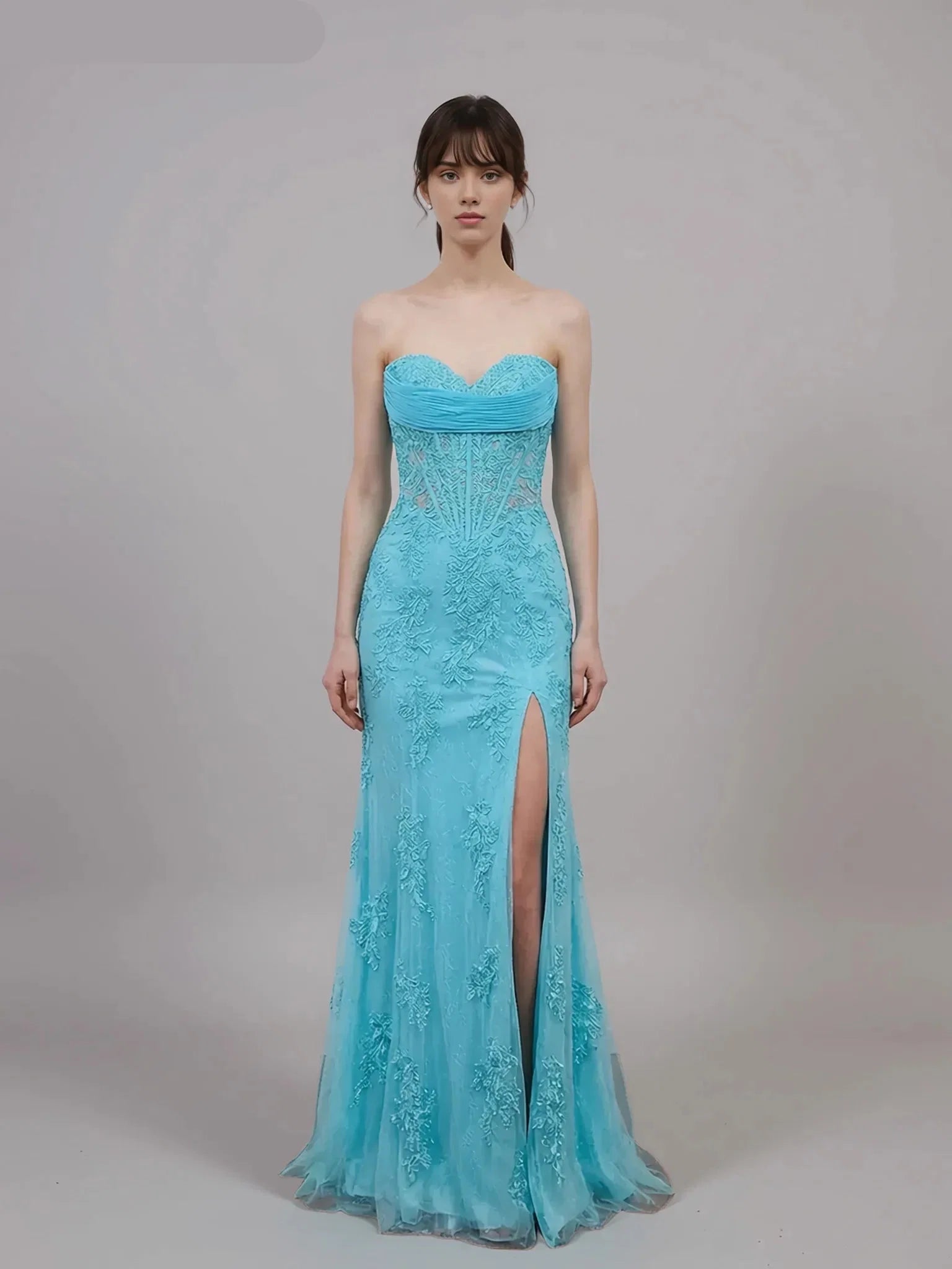 Romantic Strapless Appliques Slit Mermaid Evening Gown