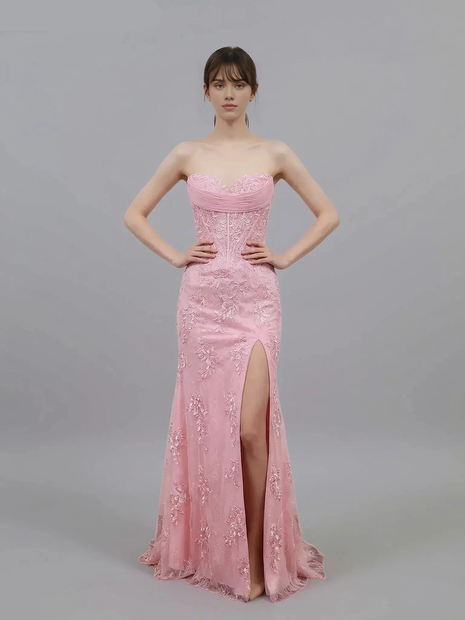 Romantic Strapless Appliques Slit Mermaid Evening Gown