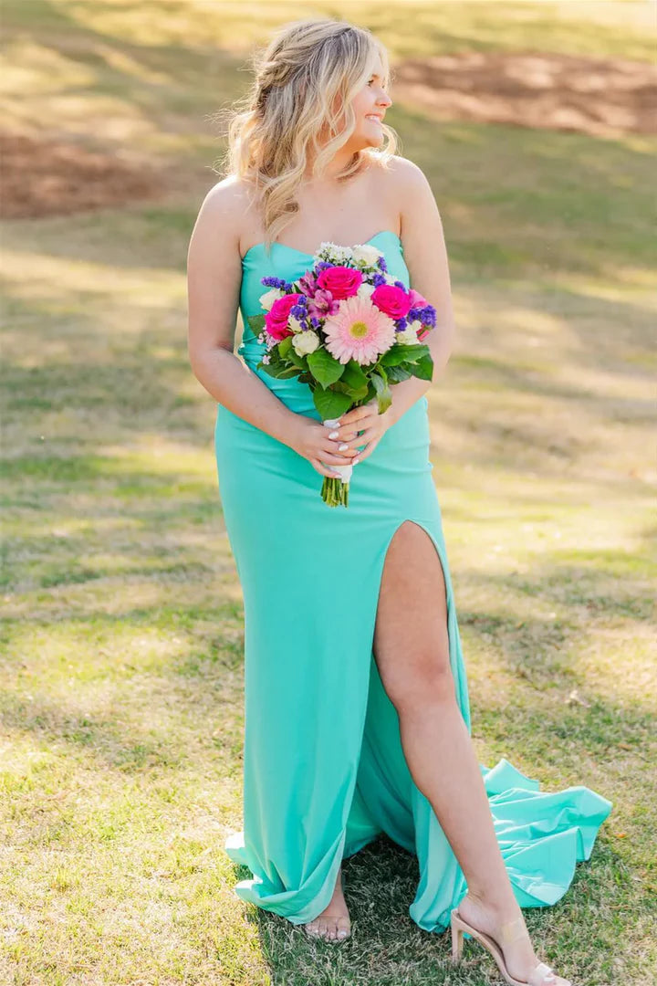 Turquoise Strapless Bow-Back High-Slit Mermaid Floor-Length Prom Dress