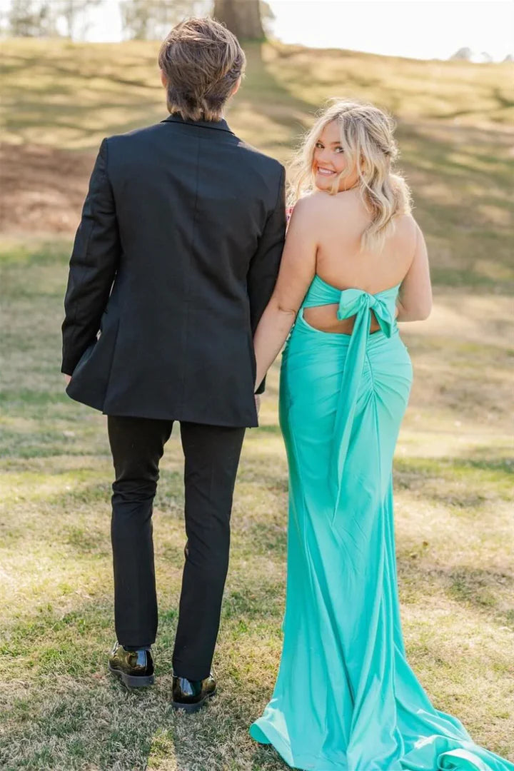 Turquoise Strapless Bow-Back High-Slit Mermaid Floor-Length Prom Dress